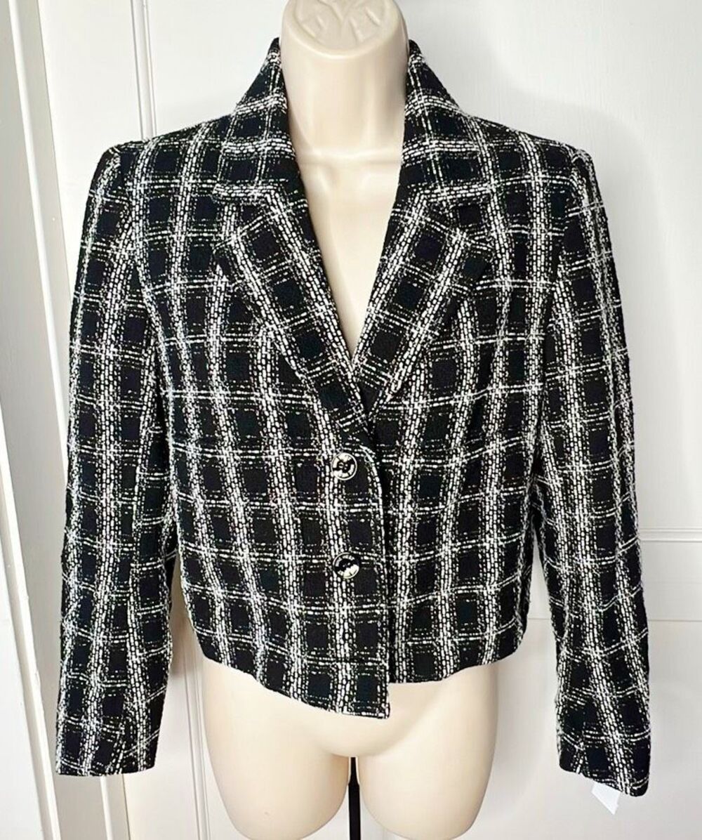 Nine West Tweed Cropped Blazer Jacket Black Size Petite Medium Nwt